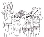  1boy 3girls blush breasts cleavage denim denim_shorts inkling monochrome multiple_girls pointy_ears shorts splatoon takozonesu tentacle_hair yuta_agc 