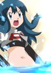  blue_eyes blue_hair hainchu hikari_(pokemon) midriff navel nintendo pokemon team_rocket_(cosplay) 