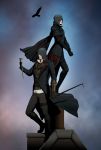  1boy 1girl animal assassin&#039;s_creed assassin&#039;s_creed_(series) belt bird brother_and_sister cane cape evie_frye gb_(doubleleaf) hood jacob_frye rooftop siblings sky standing weapon 
