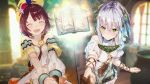  2girls atelier_(series) atelier_sophie blush book breasts brown_eyes brown_hair female green_eyes hand_holding hat medium_breasts multiple_girls official_art plachta silver_hair small_breasts sophie_neuenmuller symbol-shaped_pupils takekono yuri 