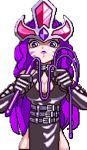  90s animated animated_gif belt bouncing_breasts breasts cleavage crown data_east dominatrix empress_(magical_drop) jewel large_breasts long_gloves magical_drop pixel_art purple_hair snk thigh-highs violet_eyes whip 