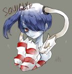  bare_shoulders blue_skin detached_sleeves hair_over_one_eye leviathan_(skullgirls) red_eyes side_ponytail skullgirls squigly_(skullgirls) stitched_mouth stitches striped_sleeves zombie 