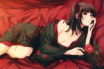  1girl absurdres adjusting_hair bangs bed_sheet black_hair blunt_bangs blush breasts cartagra cleavage female floral_print flower hair_ribbon highres japanese_clothes kimono large_breasts lipstick long_hair lying makeup nagomibako no_bra off_shoulder official_art on_side petals ponytail ribbon rin_(cartagra) scan side_ponytail smile solo sugina_miki violet_eyes 