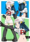  1girl back blue_eyes blue_hair cosplay female hainchu hikari_(pokemon) long_hair nintendo pokemon pokemon_(anime) pokemon_(game) pokemon_dppt smile solo team_rocket team_rocket_(cosplay) uniform wink 