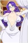  1girl :&gt; blue_eyes breasts cartains cleavage collaboration curly_hair dress glasses long_hair looking_at_viewer maniacpaint my_little_pony my_little_pony_friendship_is_magic navel oddmachine personification purple_hair rarity smile solo stomach white_dress 