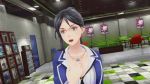  1girl 3d animated animated_gif atlus beauty_mark black_eyes black_hair breasts cleavage female genei_ibunroku_#fe glasses jacket large_breasts shimazaki_maiko short_hair solo talking 