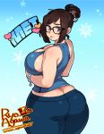  1girl agawa_ryou ass back bare_shoulders beads bracelet breasts brown_eyes brown_hair butt_crack character_name cleavage curvy female from_behind frown glasses hair_bun hair_ornament hair_stick hairpin huge_ass huge_breasts jewelry large_breasts looking_at_viewer looking_back mei_(overwatch) overwatch pants plump short_hair sideboob small_waist snowflakes snowing solo sweatpants tank_top thick_thighs thighs wide_hips 