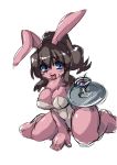  1girl artist_request barefoot blue_eyes breasts brown_hair bunnysuit feet female furry leotard long_hair open_mouth paws rabbit simple_background solo toes white_background 