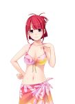  1girl bikini breasts cleavage female game_cg hair_up hand_on_hip hanekura_tomoe highres hitozuma_swimming_club ino interheart large_breasts legs looking_at_viewer navel pink_eyes redhead sarong simple_background smile solo standing swimsuit thighs white_background 