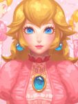  1girl animated animated_gif bellhenge blonde_hair blue_eyes bouncing_breasts breasts crown dress nintendo princess_peach puffy_sleeves solo super_mario_bros. upper_body 