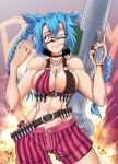  1girl alternate_hair_color blue_hair breasts cleavage cosplay glasses gun jinx_(league_of_legends) jinx_(league_of_legends)_(cosplay) kantai_collection league_of_legends midriff musashi_(kantai_collection) nattawut_ruckkuchai navel shorts solo toned twin_braids unbuttoned weapon 