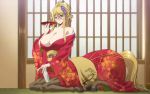  1girl animal_ears blonde_hair blue_eyes blush breasts centaur centorea_shianus cleavage hair_ornament horse_ears horseshoe huge_breasts japanese_clothes kimono long_hair monster_girl monster_musume_no_iru_nichijou ponytail sexually_suggestive sitting solo 