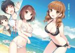  2boys 2girls artist_request beach bending_forward bikini black_bikini blush breasts brown_eyes brown_hair character_name character_request cleavage clouds copyright_request frills looking_at_viewer miyoshi_saya multiple_boys multiple_girls ocean open_mouth shiny shiny_hair side-tie_bikini sky standing swimsuit text translated wada_kaori white_bikini 