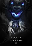  1girl aura blue_fire dark_background fangs fire furry glowing glowing_eyes kindred lamb_(league_of_legends) league_of_legends looking_at_viewer mask monochrome monster spot_color wacalac wolf_(league_of_legends) 