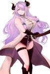  1girl ayubee bare_shoulders black_gloves black_legwear boots braid breasts cow_girl cow_horns female gloves granblue_fantasy hair_over_one_eye horns huge_breasts katana long_hair looking_at_viewer miniskirt narumeia_(granblue_fantasy) pointy_ears purple_hair simple_background sketch skirt solo standing sword thigh-highs violet_eyes weapon white_background 