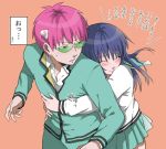  1boy 1girl azechi blue_hair blush glasses hug hug_from_behind long_hair orange_background pink_hair pleated_skirt saiki_kusuo saiki_kusuo_no_psi_nan school_uniform serafuku skirt teruhashi_kokomi translation_request 