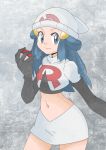  1girl blue_eyes blue_hair cosplay female hikari_(pokemon) long_hair nintendo poke_ball pokemon pokemon_(anime) pokemon_(game) pokemon_dppt smile solo team_rocket team_rocket_(cosplay) uniform 