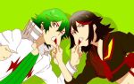  1boy 1girl angry artist_request black_hair blue_eyes cheek_grab cheek_pull clenched_hand clenched_teeth gloves green_background green_hair grey_eyes hair_between_eyes jacket kill_la_kill leaning leaning_forward long_sleeves looking_at_viewer matoi_ryuuko midriff multicolored_hair navel neck redhead sanageyama_uzu school_uniform senketsu serafuku shirt shoulder_spikes simple_background single_glove spikes striped suspenders symmetry teeth two-tone_hair upper_body 