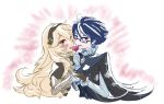  2girls artist_request bayonetta bayonetta_(character) bayonetta_2 black_hair blonde_hair blue_eyes blush crossover fire_emblem hairband multiple_girls my_unit_(fire_emblem_if) red_eyes super_smash_bros. yuri 