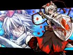  1girl animal_ears autumn_leaves hat hat_ribbon inubashiri_momiji red_eyes ribbon ryuuichi_(f_dragon) shield shirt silver_hair skirt solo sword tail tokin_hat touhou turtleneck weapon wolf_ears wolf_tail zoom_layer 