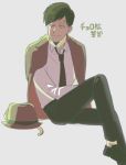  1boy 35_samo backlighting bangs black_hair cat character_name detective fedora grey_background hat hat_removed headwear_removed jacket_on_shoulders male_focus matsuno_choromatsu necktie osomatsu-kun osomatsu-san simple_background sitting smile solo swept_bangs trench_coat 