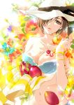  1girl bare_shoulders berries bikini_top bracelet breasts brown_eyes brown_hair cleavage collarbone dragon_fruit floral_background food food_on_body fruit hat hat_ribbon jewelry karakoro lace-up_top looking_at_viewer meiko midriff nail_polish navel one_eye_covered parted_lips red_nails ribbon short_hair solo sun_hat sweat towel upper_body vocaloid water_drop 