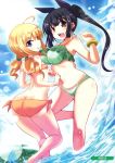  2girls ahoge ass bikini black_hair blonde_hair blush breasts butt_crack hair_ribbon large_breasts long_hair looking_at_viewer looking_back multiple_girls navel open_mouth red_eyes ribbon small_breasts smile swimsuit tongue tongue_out twintails violet_eyes 