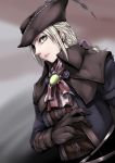  1girl blonde_hair bloodborne bow brown_gloves cravat feathered_hat gggg gloves green_eyes hair_bow hat lady_maria_of_the_astral_clocktower looking_at_viewer ponytail upper_body 