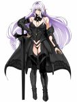  1girl armor armored_boots bare_shoulders black black_boots black_cape black_legwear black_panties blush boots breasts cape cleavage earrings elf faulds female gauntlets jewelry large_breasts lavender_hair long_hair looking_at_viewer nyamota_(noraneko_koubou) original panties pointy_ears purple_hair ring simple_background smile solo sword underwear vambraces very_long_hair weapon white_background yellow_eyes 