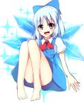  1girl :d barefoot blue_eyes blue_hair blush bow cirno convenient_leg hair_bow ice ice_wings legs looking_at_viewer merukiarisu open_mouth short_hair sitting sketch smile solo sparkle teeth touhou upskirt wings 