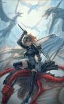  1girl armor blonde_hair dragon fate/grand_order fate_(series) gauntlets highres hokahoka-gohan jeanne_alter riding ruler_(fate/apocrypha) ruler_(fate/grand_order) short_hair solo thigh-highs wyvern yellow_eyes yuutairui_(sukima_sangyou) zettai_ryouiki 