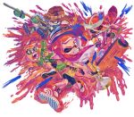  2boys 2girls aburaya_tonbi bike_shorts boots domino_mask fangs glasses highres inkling long_hair mask multiple_boys multiple_girls one_eye_closed open_mouth paint_roller pointy_ears shoes sneakers splatoon super_soaker tentacle_hair 