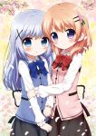  2girls aoba_(kona) arm_grab blonde_hair blue_eyes blue_hair bow bowtie flower gochuumon_wa_usagi_desu_ka? hair_flower hair_ornament hairclip hoto_cocoa kafuu_chino multiple_girls parted_lips petals smile violet_eyes 