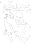  1girl absurdres bow from_above hat hatsune_miku highres kazenoko lineart long_hair looking_back monochrome smile solo twintails very_long_hair vocaloid witch_hat 