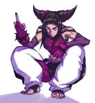  1girl angry baggy_pants bare_shoulders barefoot black_hair detached_sleeves dudou feet fingerless_gloves full_body gloves han_juri liyart middle_finger midriff pants short_twintails squatting street_fighter street_fighter_iv super_street_fighter_iv toeless_socks toenail_polish toes twintails violet_eyes 