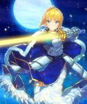  1girl ahoge armor armored_dress blonde_hair blue_dress blue_eyes braid cape dress fate/stay_night fate_(series) frown full_body fur_trim gauntlets glowing glowing_weapon holding holding_sword holding_weapon looking_at_viewer mckeee night night_sky saber short_hair single_braid sky solo standing sword weapon 