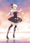  1girl absurdres ahoge black_dress black_legwear black_ribbon blonde_hair closed_eyes dress elbow_gloves fate_(series) garter_straps gloves gothic_lolita gouzi hair_ribbon highres lolita_fashion long_hair ribbon saber saber_alter saber_alter_(cosplay) solo thigh-highs white_gloves 