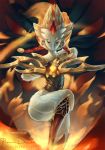  1girl alternate_costume bow_(weapon) fire glowing glowing_eyes kindred lamb_(league_of_legends) league_of_legends mask monster rinrindaishi shadowfire_kindred weapon wolf_(league_of_legends) 