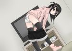  ass black_hair black_legwear legwear long_hair looking_at_viewer shorts television thigh-highs thighs underwear undressing 