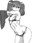  1girl armpits bad_id bare_shoulders bikini flat_chest hohehohe kantai_collection microphone monochrome navel ryuujou_(kantai_collection) simple_background small_breasts solo swimsuit toned twintails undressing wide_hips 