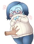  1girl artist_request blue_eyes blue_hair blue_skin blush buck_teeth glasses inside_out sadness_(inside_out) sweater tears 