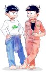  2boys barefoot black_hair brothers chains clothes_around_waist cosplay costume_switch full_body gold_chain hands_on_hips jacket jacket_around_waist jumpsuit long_sleeves looking_at_another male_focus matsuno_karamatsu matsuno_osomatsu multiple_boys osomatsu-kun osomatsu-san popped_collar siblings simple_background smile suga_(sg) unzipping white_background 