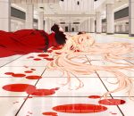  1girl amputee blonde_hair blood breasts cleavage hair_over_one_eye kiss-shot_acerola-orion_heart-under-blade kizumonogatari large_breasts lying monogatari_(series) official_art on_back open_mouth orange_eyes solo subway very_long_hair 