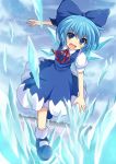  1girl blue_dress blue_eyes blue_hair blue_sky bow cirno clouds cross_(crossryou) dress hair_bow ice ice_wings looking_at_viewer open_mouth puffy_short_sleeves puffy_sleeves shirt short_hair short_sleeves sky smile solo touhou wings 