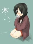  1girl black_eyes black_hair blue_background blush breath cold crossed_arms hanten_(clothes) highres inagaki_mami japanese_clothes looking_at_viewer makaze_(t-junction) open_mouth seiza short_hair simple_background sitting sketch solo strike_witches translated twitter_username 