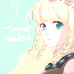  1girl blonde_hair blue_background blue_eyes braid breasts copyright_name dress flower lips long_hair rose shirley_fennes tales_of_(series) tales_of_legendia 