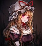  1girl blonde_hair blush bow chobi_(sakuyasakuhana) choker dress elbow_gloves gloves gradient gradient_background hair_bow hat hat_ribbon long_hair looking_at_viewer mob_cap puffy_sleeves ribbon ribbon_choker short_sleeves smile solo touhou upper_body violet_eyes white_gloves yakumo_yukari 