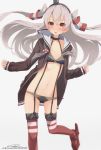  1girl :o absurdres amatsukaze_(kantai_collection) artist_name black_bra black_panties blush bra character_name choker dress garter_straps grey_background grey_hair hair_tubes headgear highres jacket kantai_collection leg_up lingerie long_hair long_sleeves looking_at_viewer open_clothes open_jacket open_mouth panties red_legwear sailor_collar sailor_dress shuutou_haruka side-tie_panties simple_background solo standing standing_on_one_leg striped striped_legwear thigh-highs two_side_up underwear very_long_hair yellow_eyes 