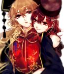  2girls bangs blonde_hair chains eyebrows eyebrows_visible_through_hair female hair_between_eyes hat hecatia_lapislazuli hug hug_(artist) hug_(yourhug) hug_from_behind junko_(touhou) long_sleeves looking_at_another looking_to_the_side multiple_girls open_mouth polos_crown pom_pom_(clothes) red_eyes redhead short_hair simple_background smile tassel touhou upper_body white_background yuri 