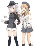  2girls anchor_hair_ornament blonde_hair cosplay costume_switch epaulettes gloves hair_ornament hat kantai_collection kashima_(kantai_collection) kawashina_(momen_silicon) long_hair military military_uniform multiple_girls open_mouth peaked_cap prinz_eugen_(kantai_collection) silver_hair skirt smile thigh-highs twintails uniform wavy_hair white_gloves 